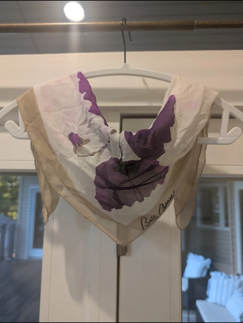 Vintage Bill Blass Floral Silk Square Scarf in Purple and Cream